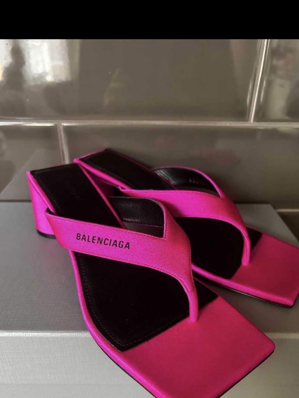 Balenciaga Hot Pink Square-Toe Thong Mules